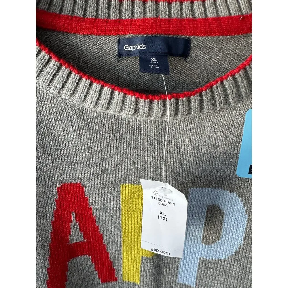 GAP Heather Gray Long Sleeve HAPPY Sweater Unisex Size 12 New